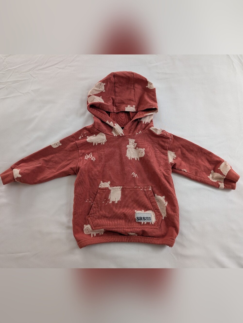 Souris Mini Baby Red Hooded Pullover with Bear Print, 6-9M